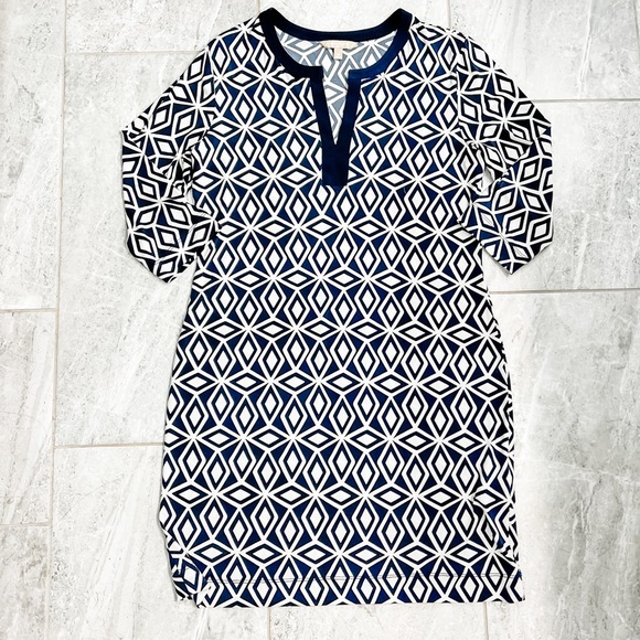 Banana Republic Navy and White Stretch 3/4 Sleeve Geometric Print Shift Dress M - Picture 4 of 8